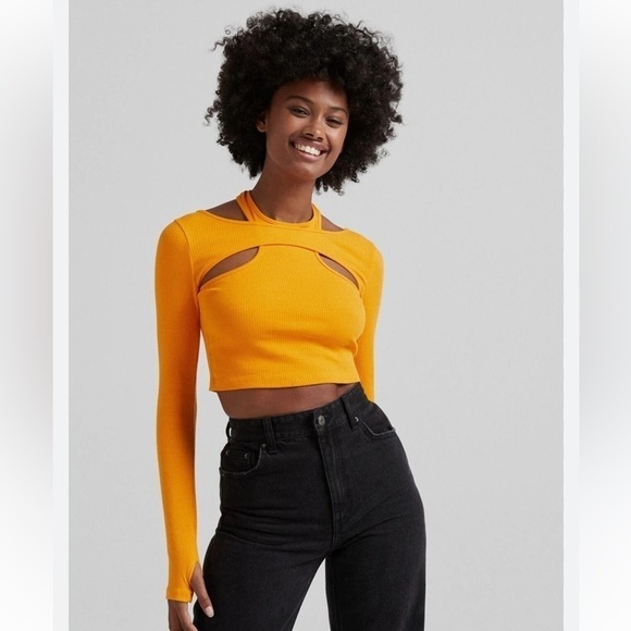 Bershka Fitted Long Sleeve Shirt Yellow - Picture 2 of 8